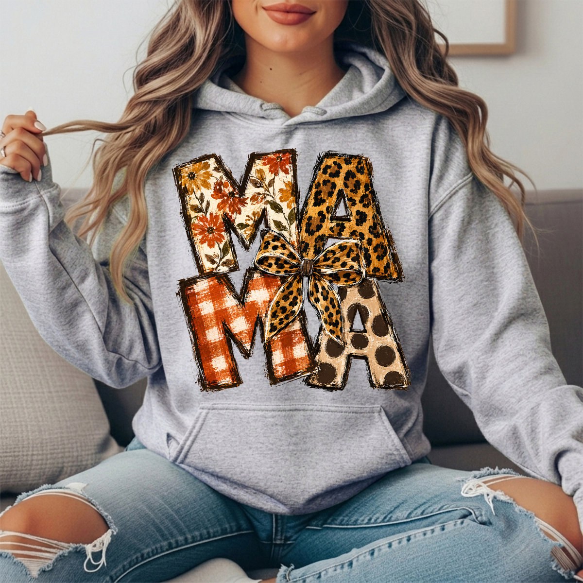 Mama Fall Patchwork & Leopard Bow Graphic Hoodie