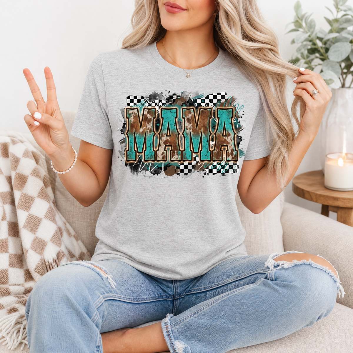 Western Mama Turquoise & Checkerboard Graphic Tee