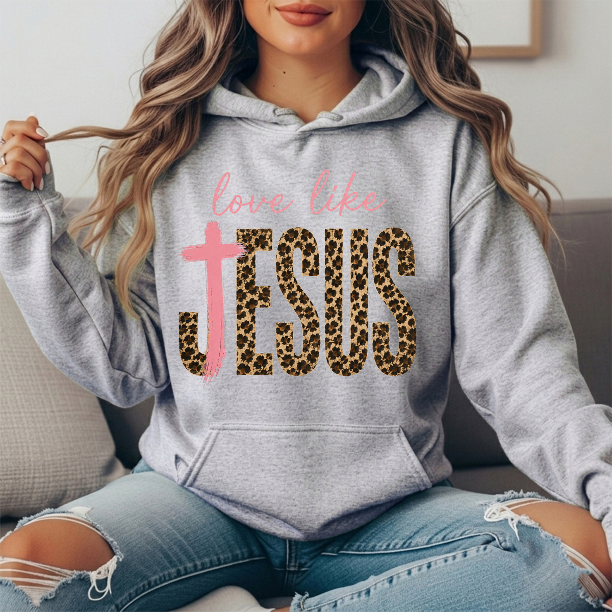 Love Like Jesus Leopard Print Cross Graphic Hoodie