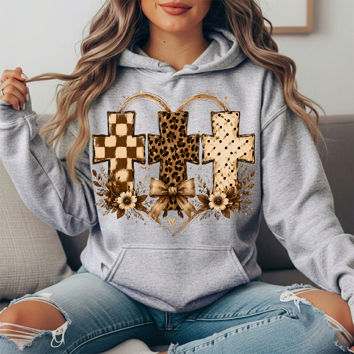 Three Crosses Leopard Floral Bow Graphic Hoodie