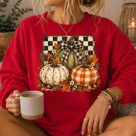 Pumpkin Plaid Bow Floral Crewneck Sweatshirt
