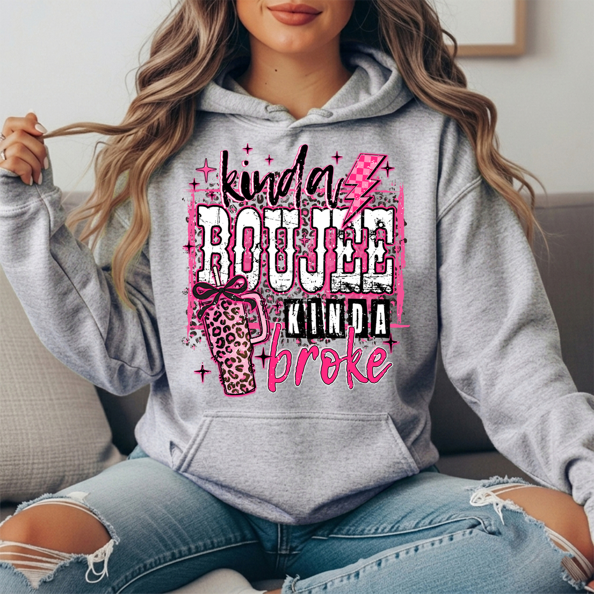 Kinda Boujee Kinda Broke Pink Leopard Graphic Hoodie