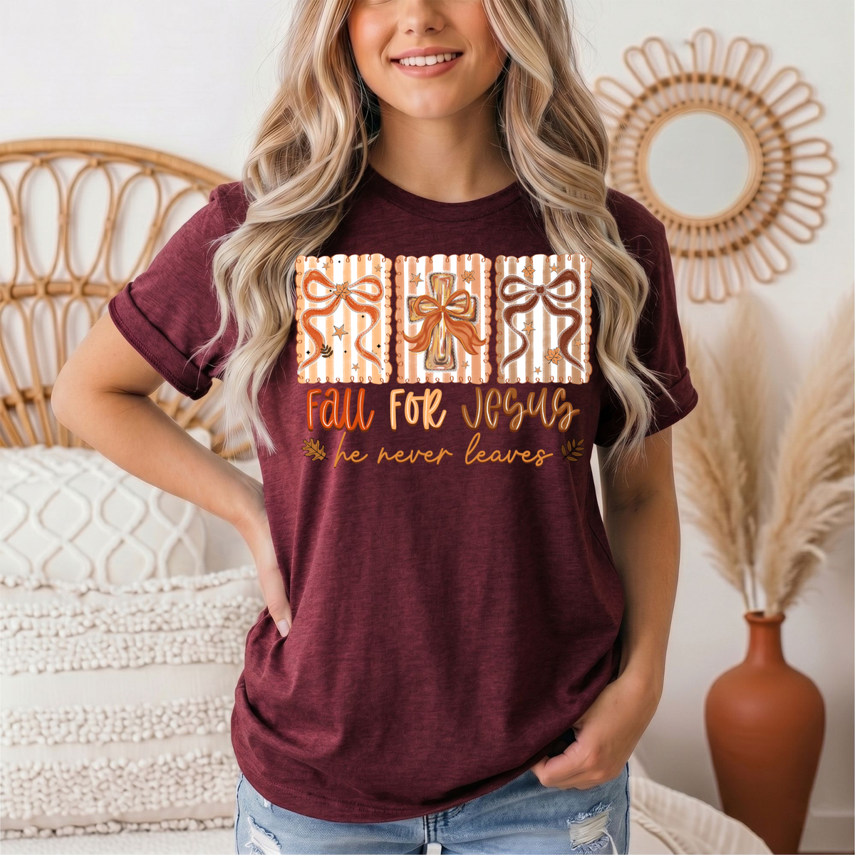 Fall for Jesus He Never Leaves Christian Graphic Tee