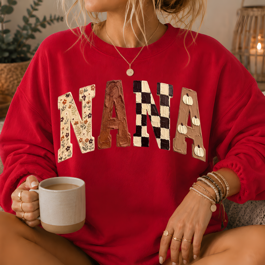 Nana Fall Patchwork Print Crewneck Sweatshirt