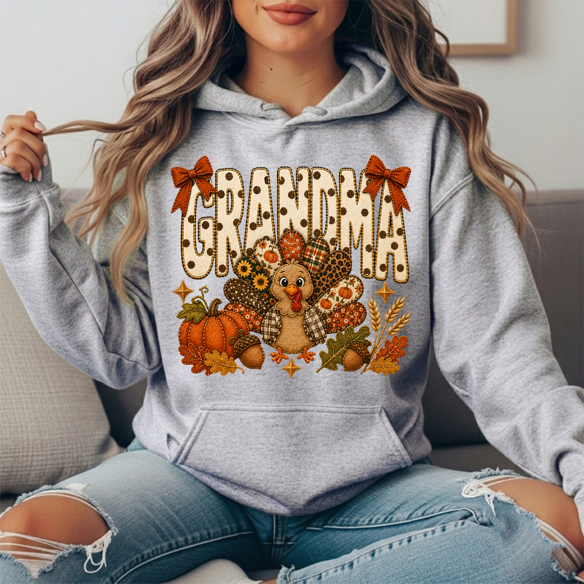 Grandma Thanksgiving Patchwork Turkey Bow Graphic Hoodie