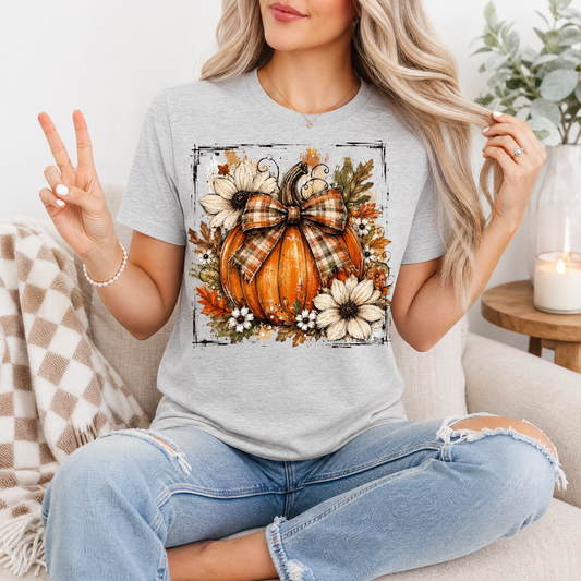 Fall Pumpkin Floral & Plaid Bow Graphic Tee