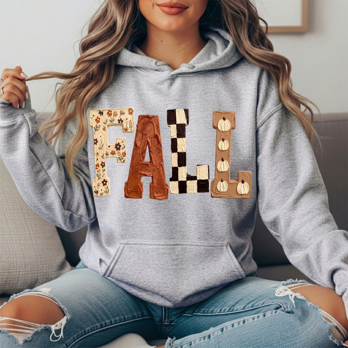 Fall Floral Checkerboard Pumpkin Lettering Graphic Hoodie