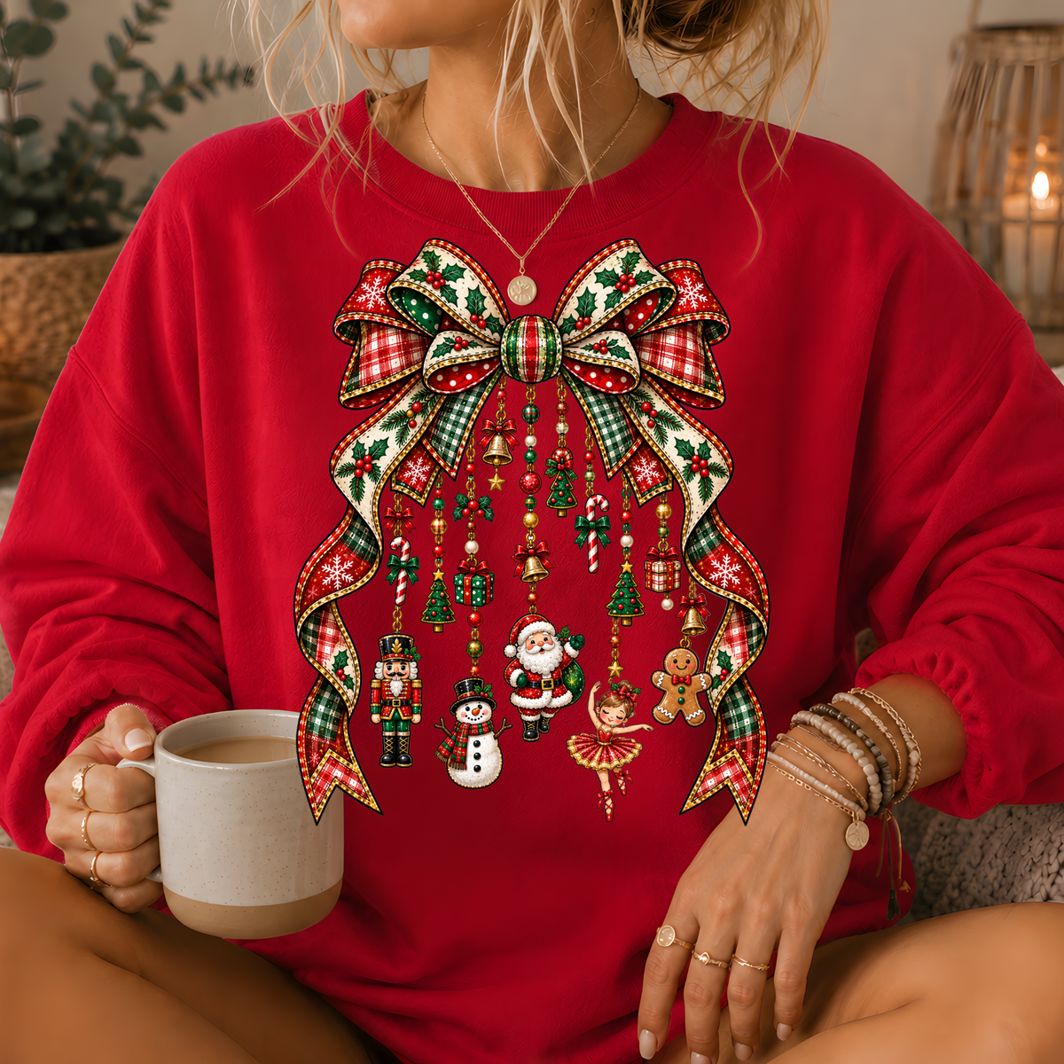 Christmas Plaid Bow Holiday Charms Crewneck Sweatshirt