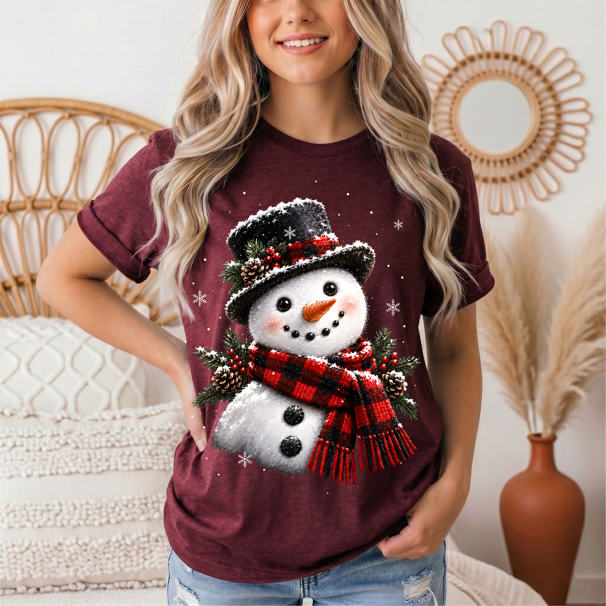 Snowman Buffalo Plaid Scarf Christmas Graphic Tee