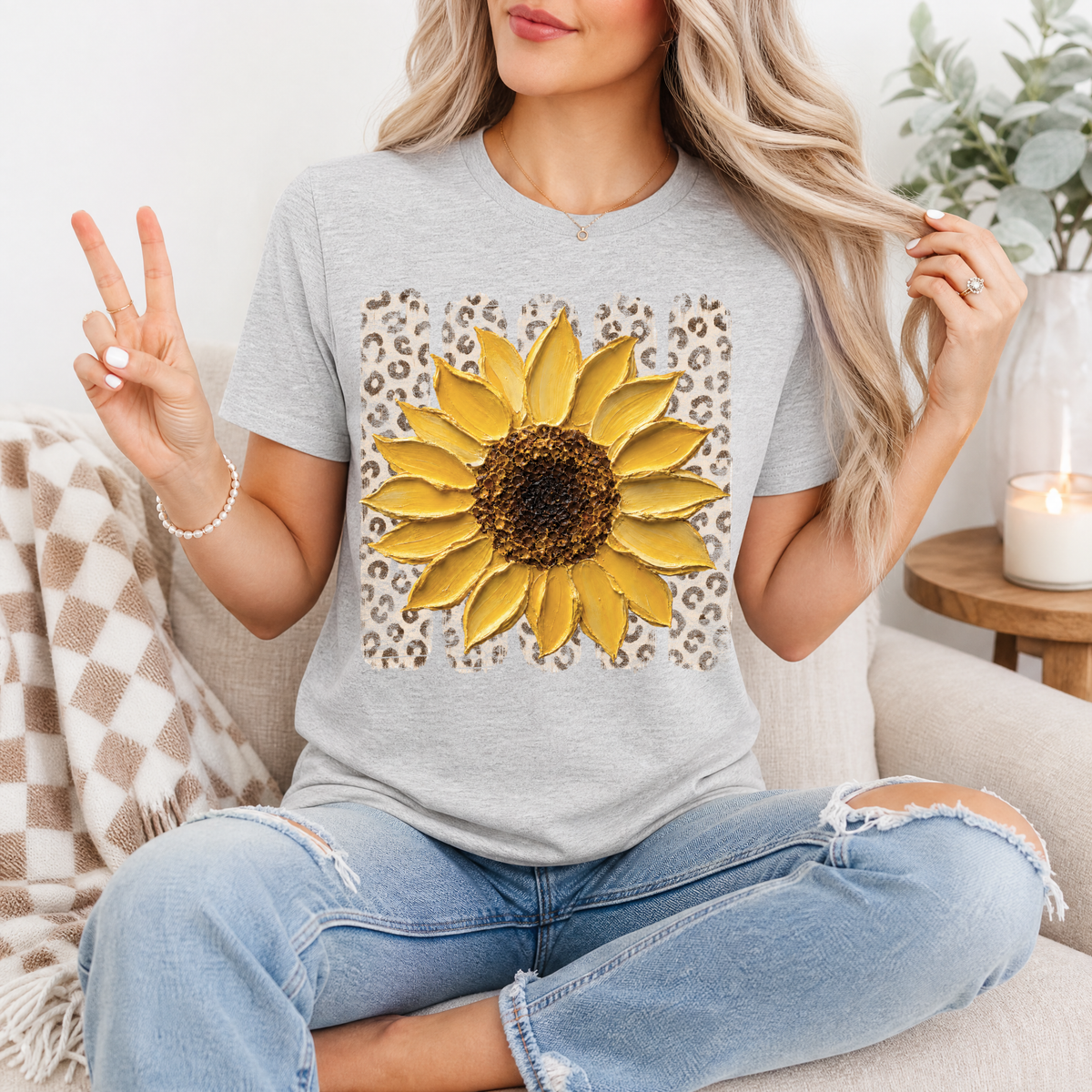 Painted Sunflower & Leopard Print Graphic Tee