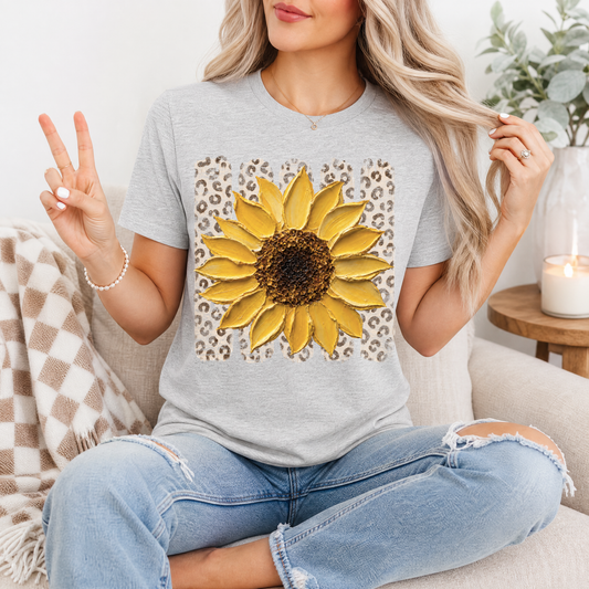 Painted Sunflower & Leopard Print Graphic Tee