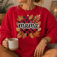 Mama Fall Leaves Checkerboard Crewneck Sweatshirt