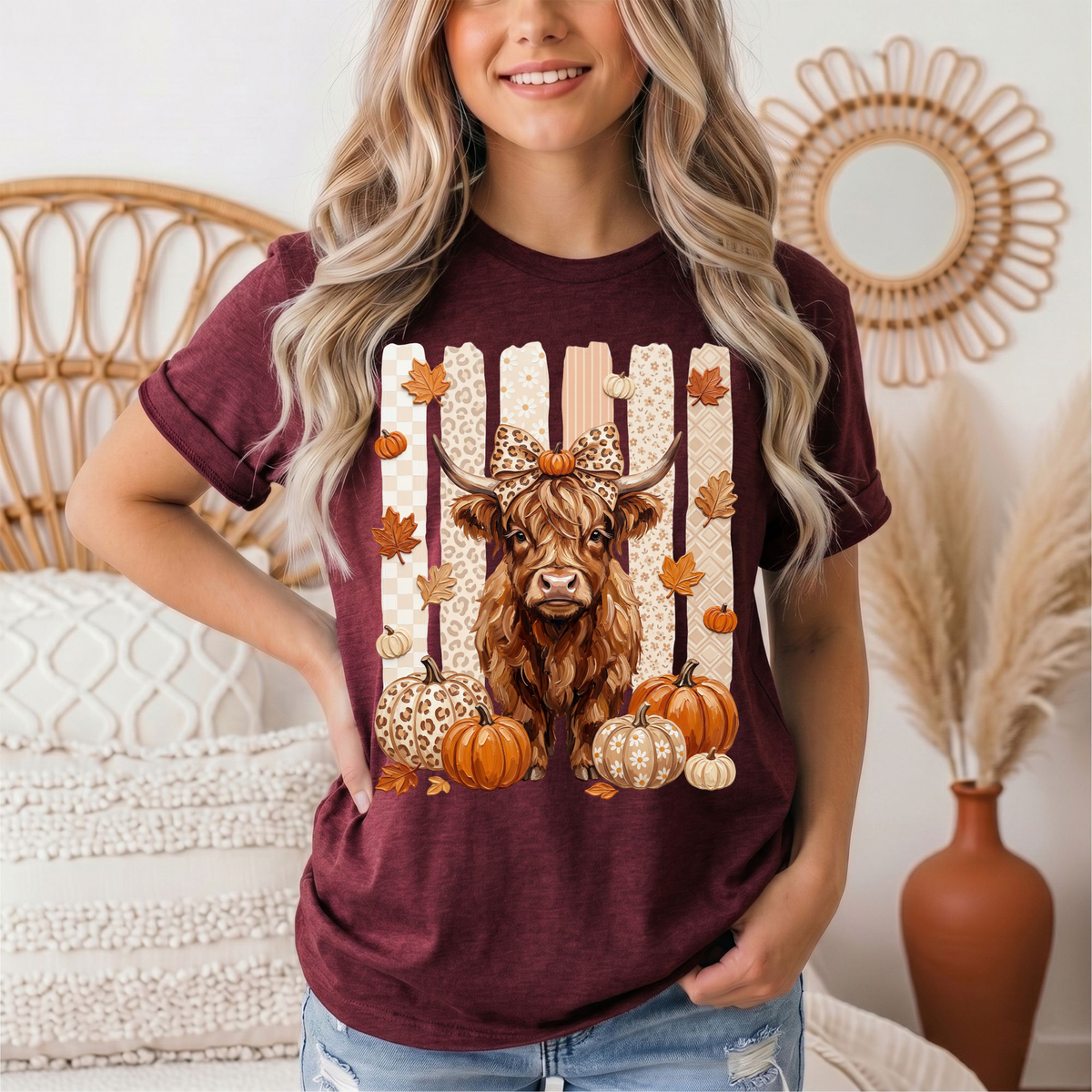 Fall Highland Cow Leopard Bow & Pumpkin Graphic Tee