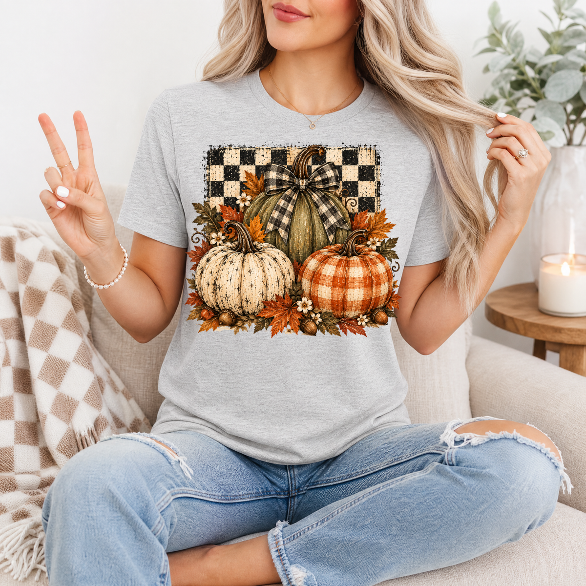 Rustic Fall Pumpkin Trio & Gingham Bow Graphic Tee