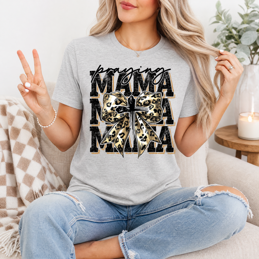 Praying Mama Leopard Bow & Cross Graphic Tee