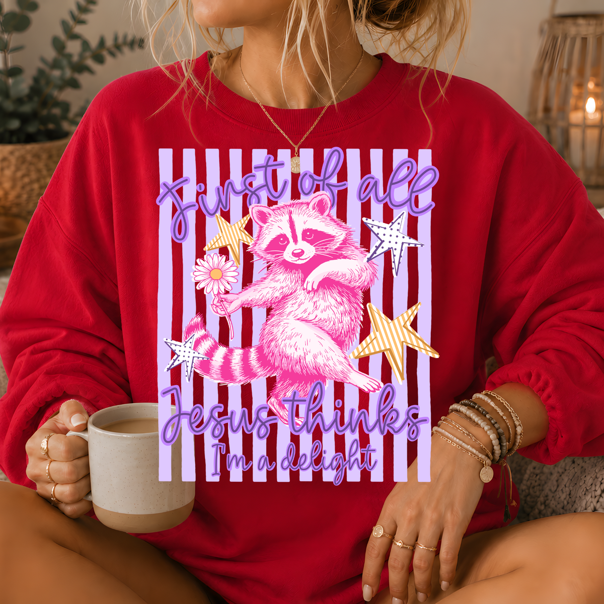 Jesus Thinks I'm a Delight Raccoon Crewneck Sweatshirt