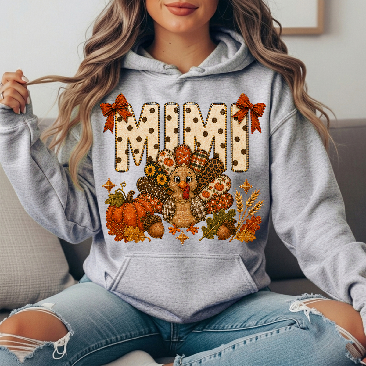 Mimi Thanksgiving Turkey & Rust Bows Graphic Hoodie