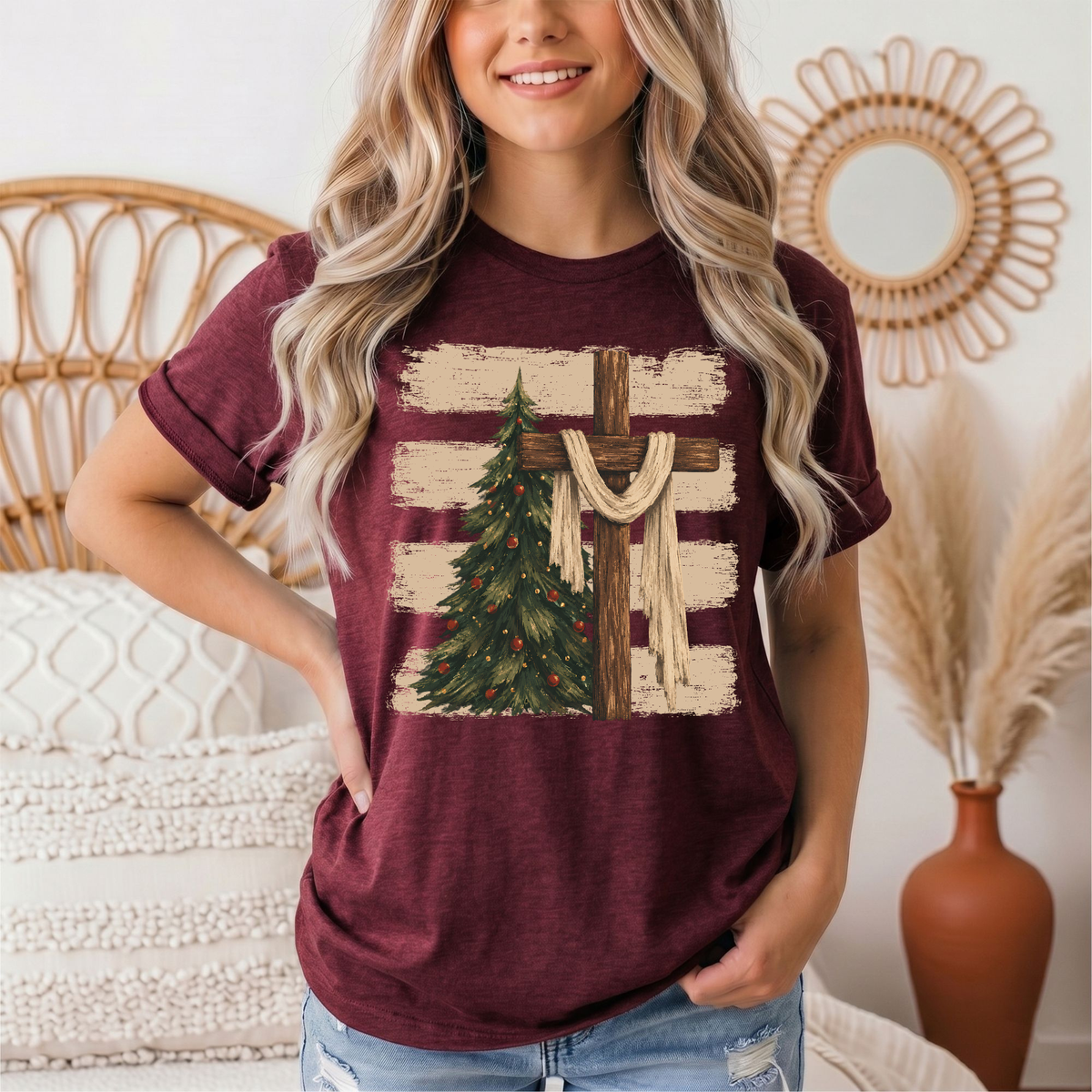 Rustic Cross & Christmas Tree Christian Graphic Tee