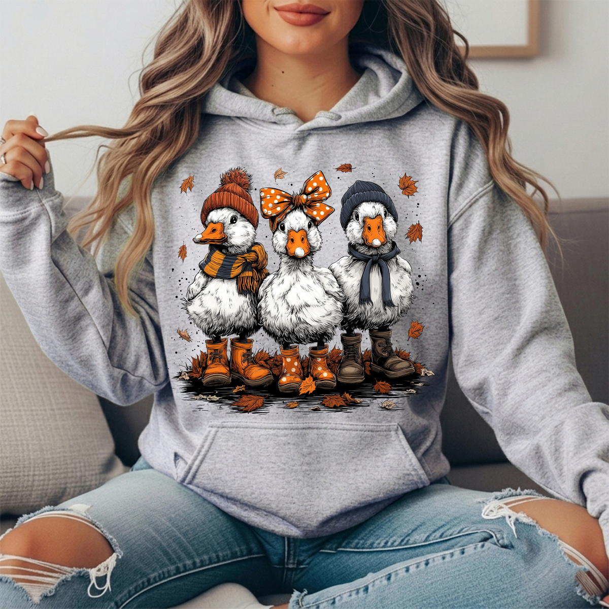 Fall Ducks in Boots & Orange Bow Graphic Hoodie