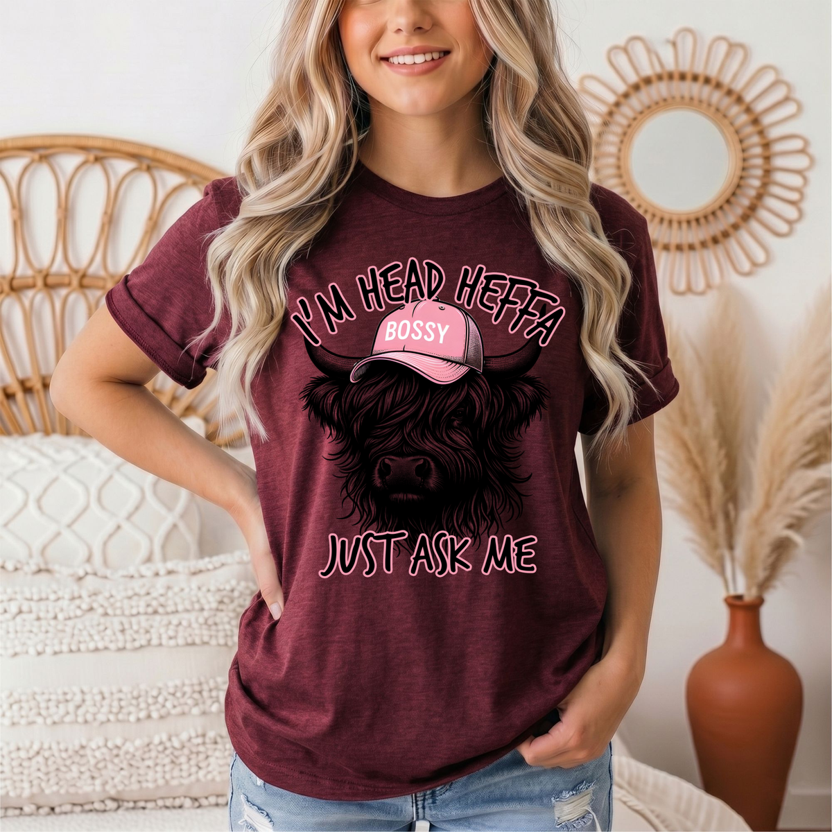 I'm Head Heffa Highland Cow Pink Bossy Cap Graphic Tee