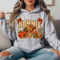 Nonnie Thanksgiving Patchwork Turkey Bow Graphic Hoodie