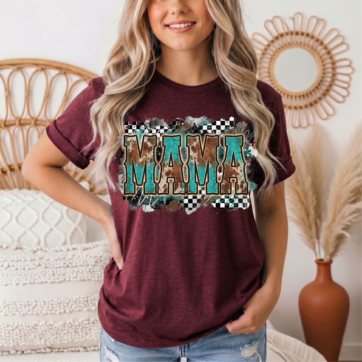Turquoise & Cow Print Mama Western Graphic Tee