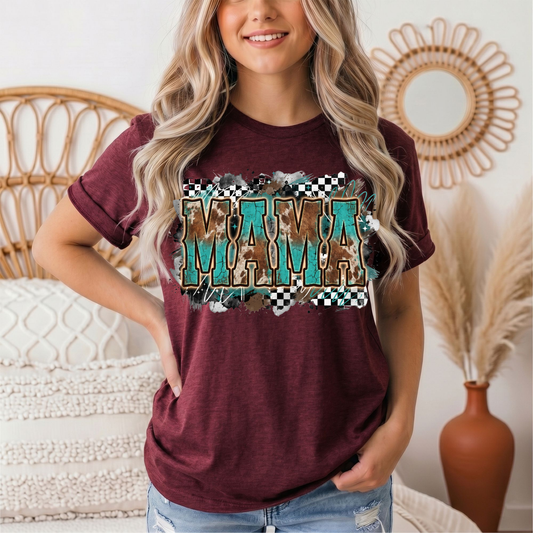 Turquoise & Cow Print Mama Western Graphic Tee