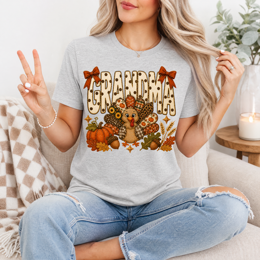 Grandma Thanksgiving Turkey & Bow Graphic Tee