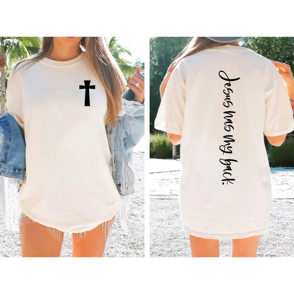 Jesus Has My Back Shirt – Christian Faith Cross Front & Back Graphic Tee K's Krafty Barn