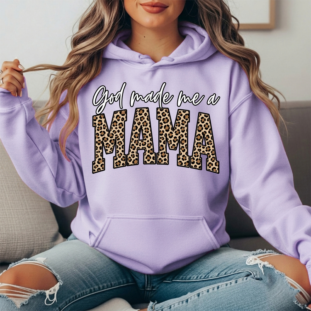 God Made Me a Mama Leopard Print Graphic Hoodie