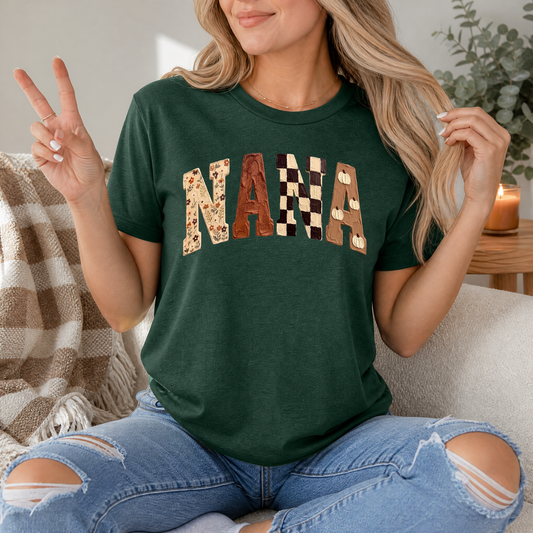Fall Nana Floral, Checkerboard & Pumpkin Graphic Tee