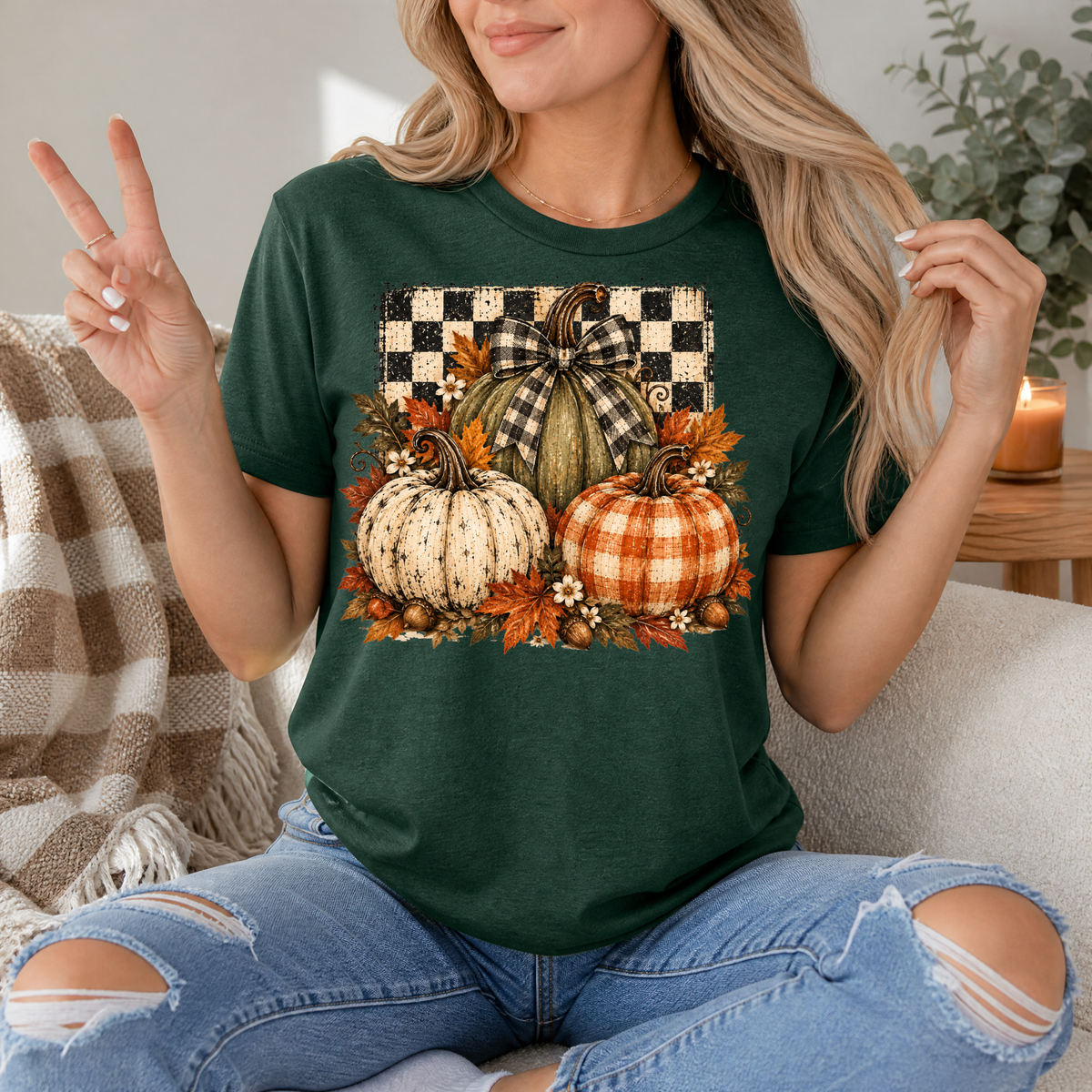 Rustic Fall Pumpkin Trio & Gingham Bow Graphic Tee