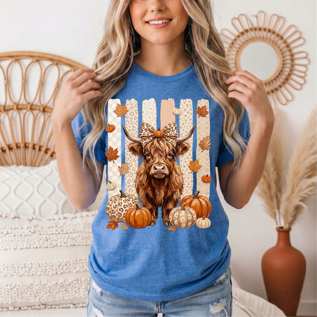 Fall Highland Cow Leopard Bow & Pumpkin Graphic Tee