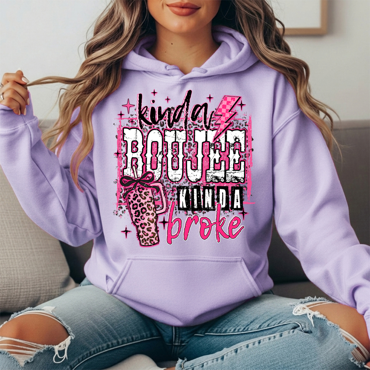 Kinda Boujee Kinda Broke Pink Leopard Graphic Hoodie