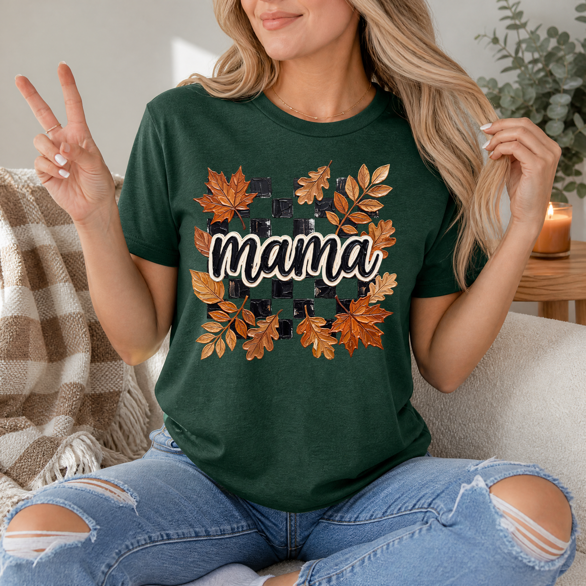 Mama Fall Leaves & Checkerboard Graphic Tee