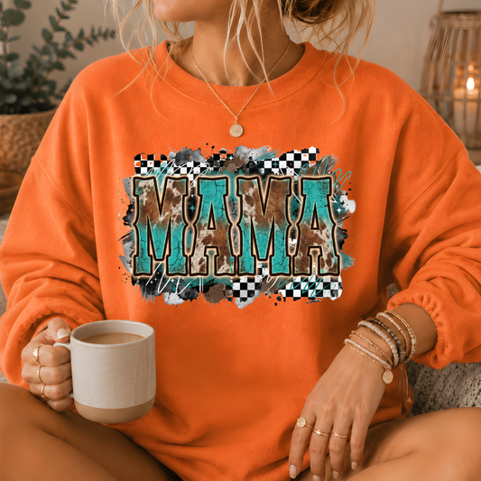 Mama Turquoise Cow Print Western Crewneck Sweatshirt