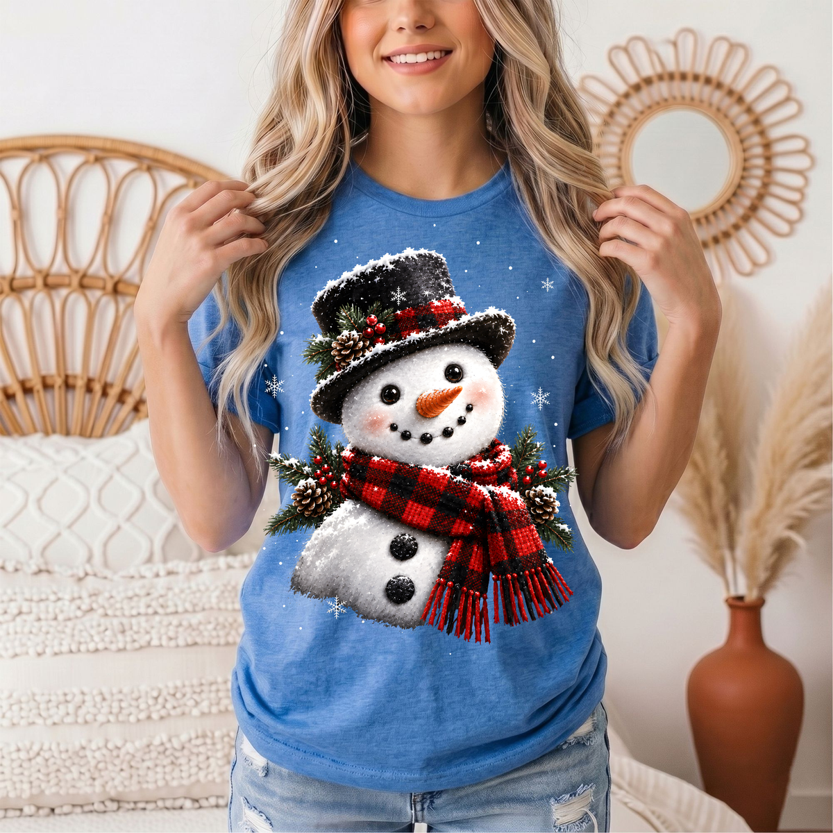 Snowman Buffalo Plaid Scarf Christmas Graphic Tee