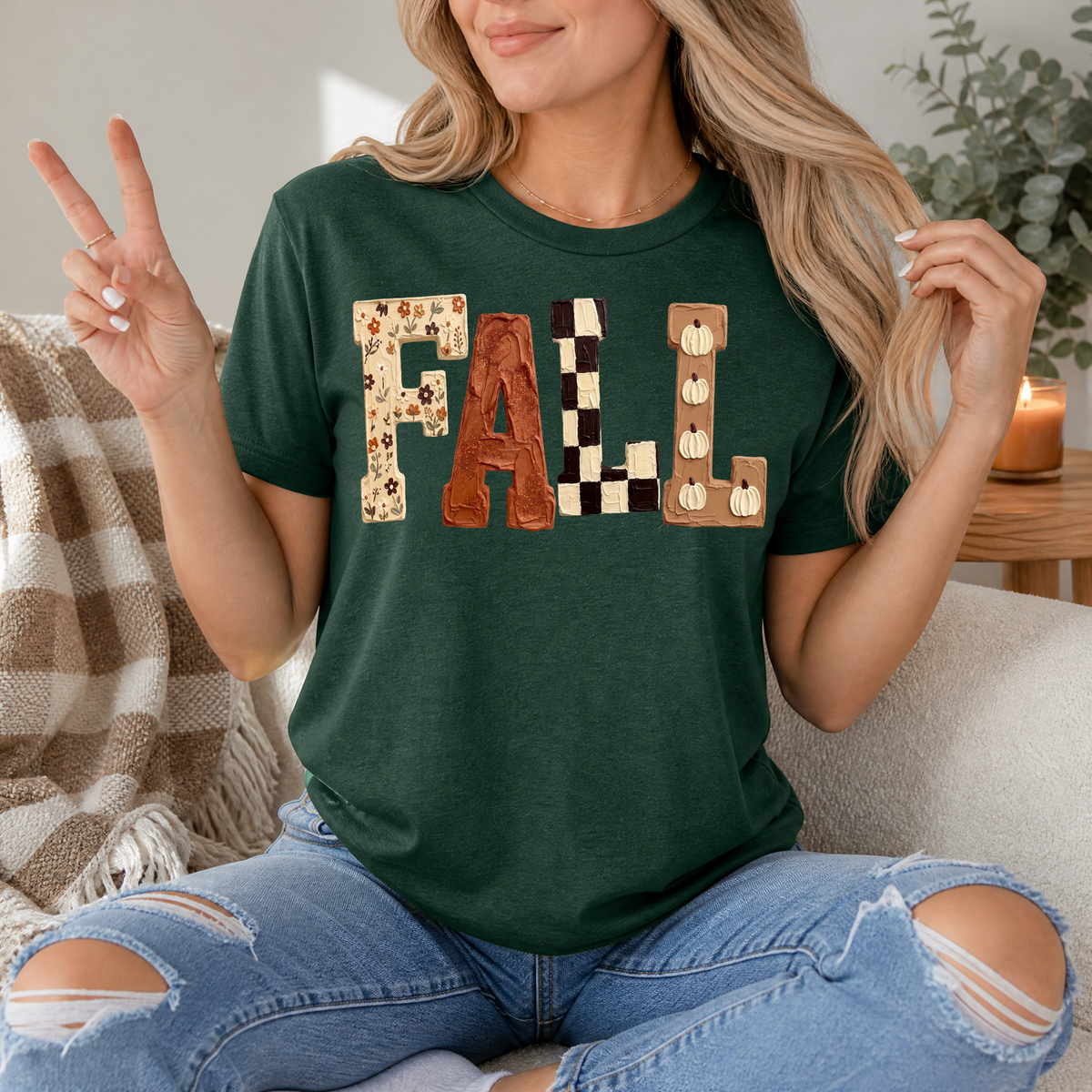 Fall Floral, Checkerboard & Pumpkin Graphic Tee