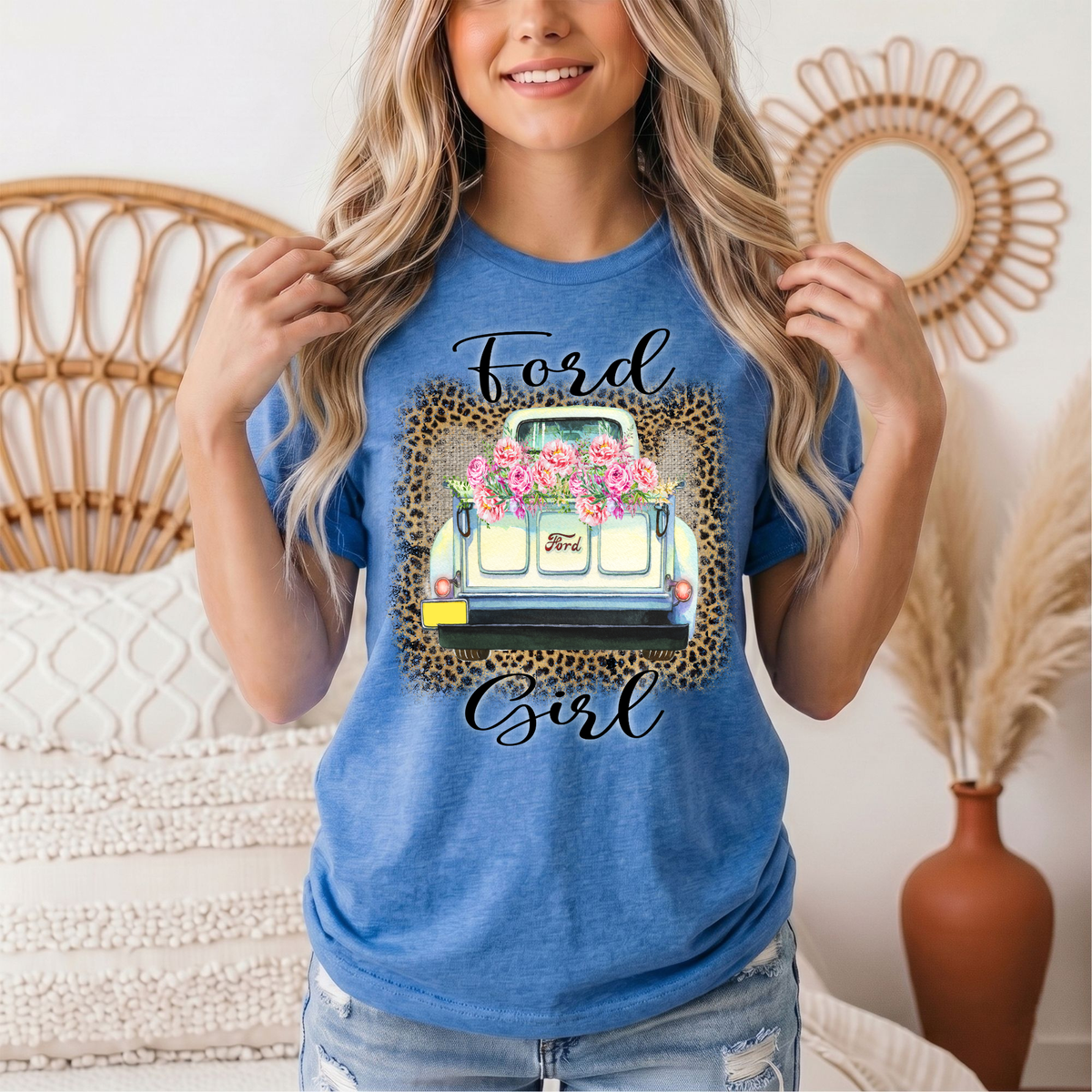Ford Girl Floral Vintage Truck & Leopard Graphic Tee