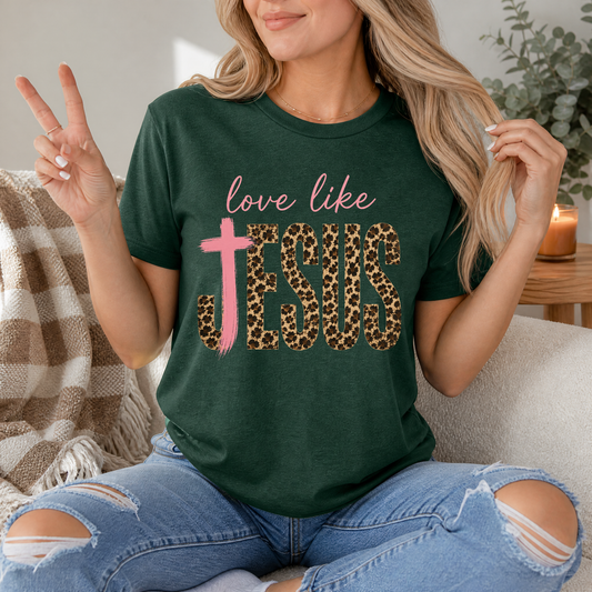 Love Like Jesus Leopard Print & Pink Cross Graphic Tee