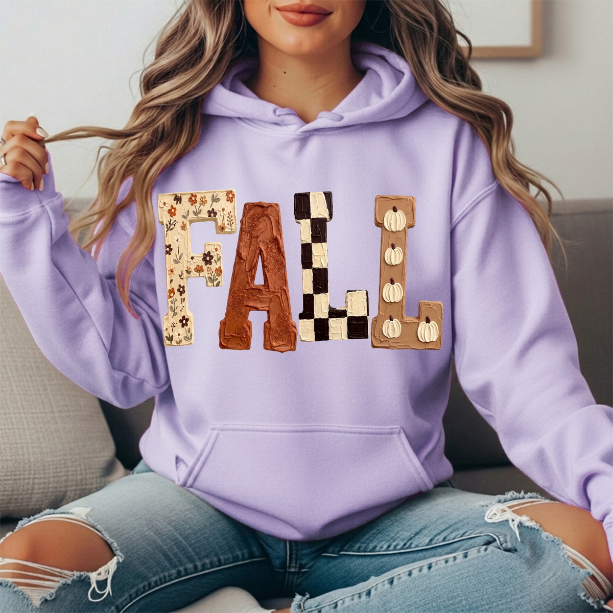 Fall Floral Checkerboard Pumpkin Lettering Graphic Hoodie