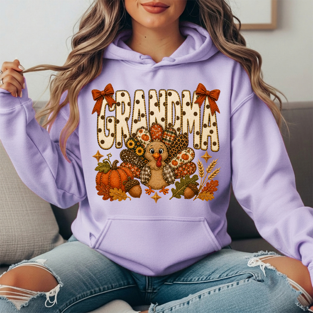 Grandma Thanksgiving Patchwork Turkey Bow Graphic Hoodie