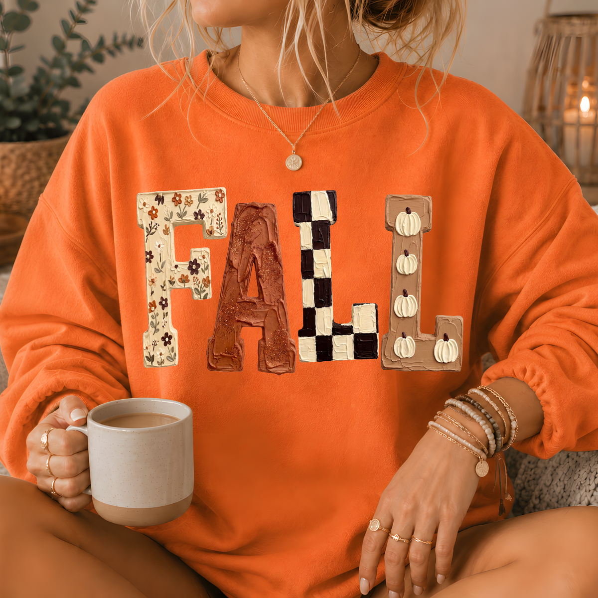 Fall Patchwork Print Crewneck Sweatshirt