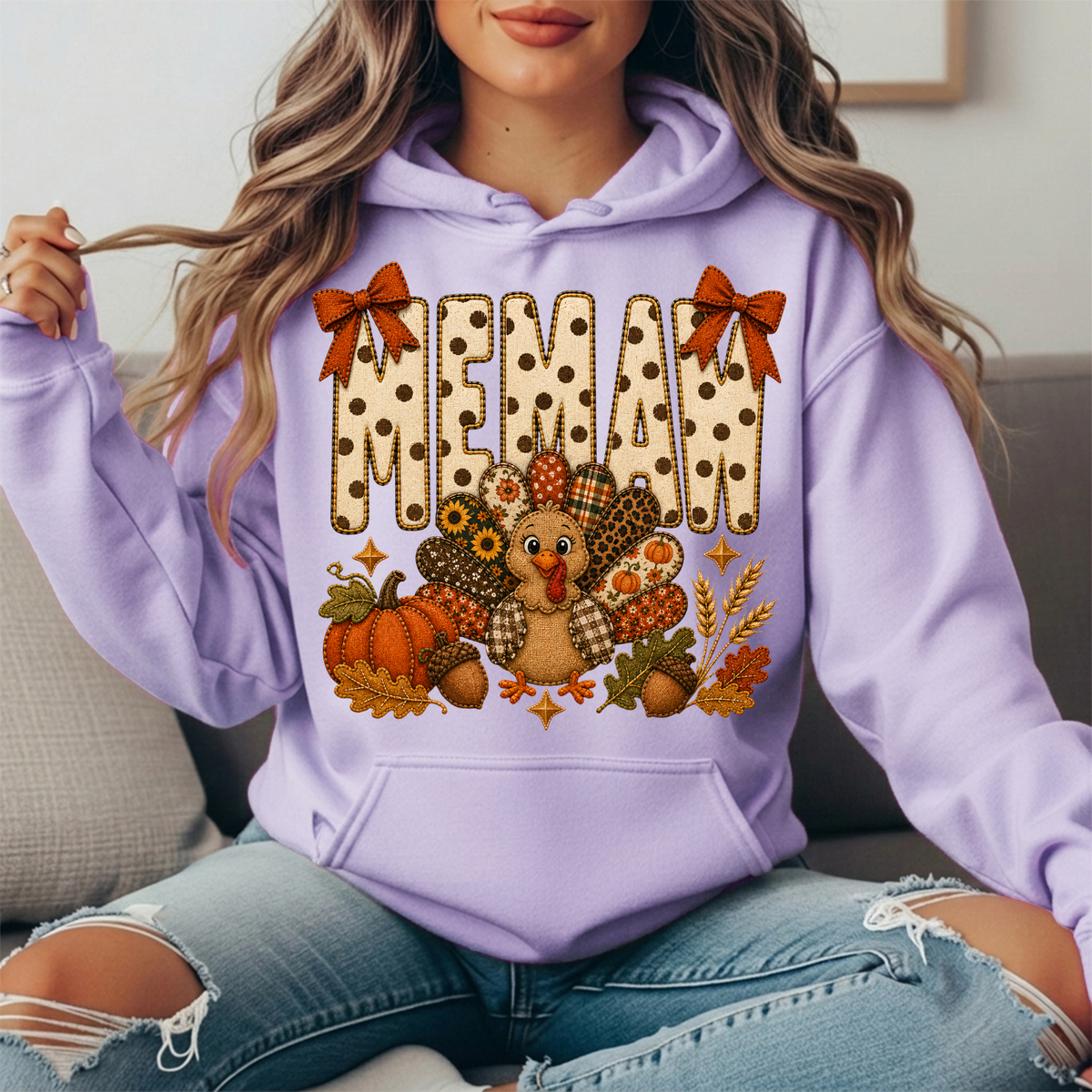 Memaw Thanksgiving Turkey & Rust Bows Graphic Hoodie