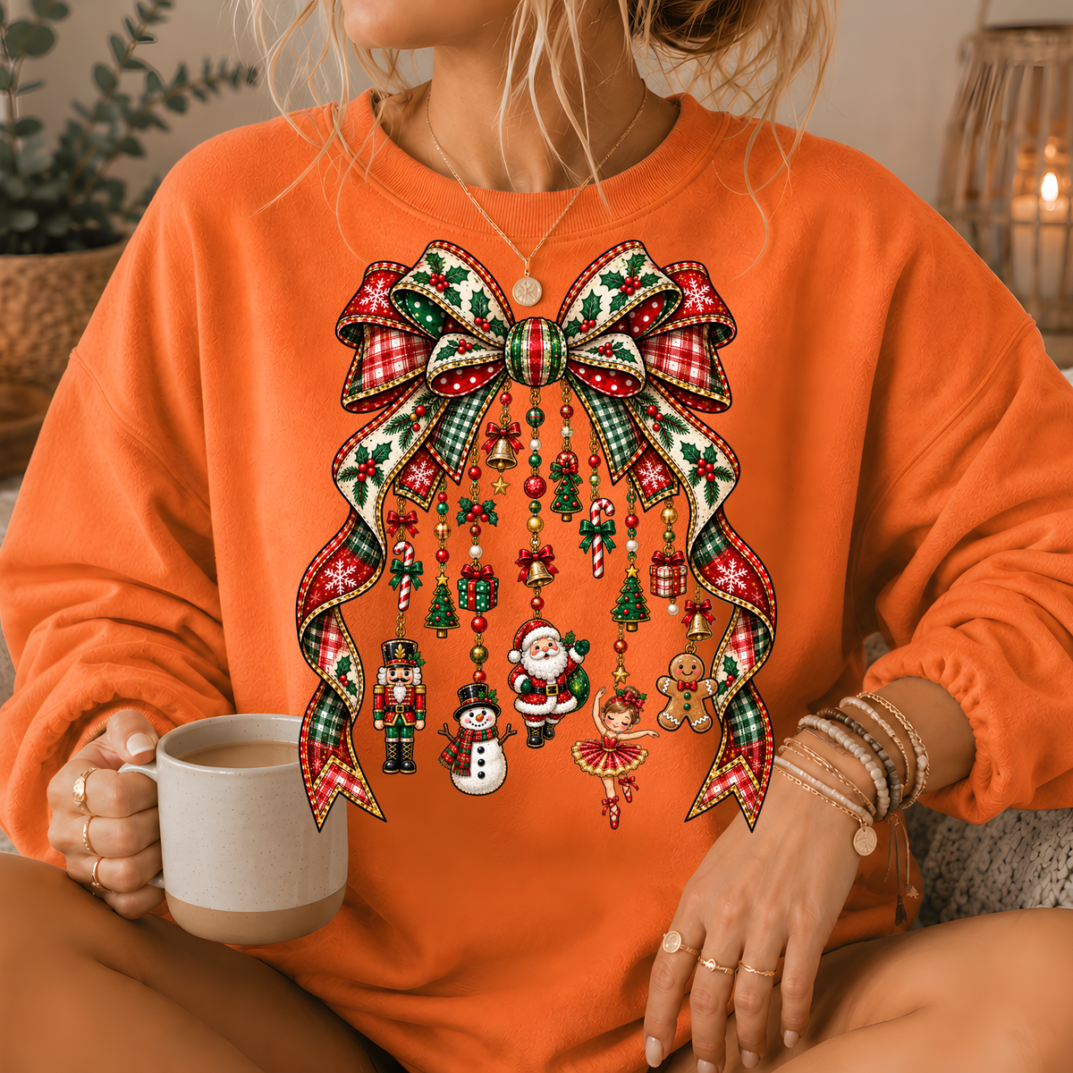 Christmas Plaid Bow Holiday Charms Crewneck Sweatshirt