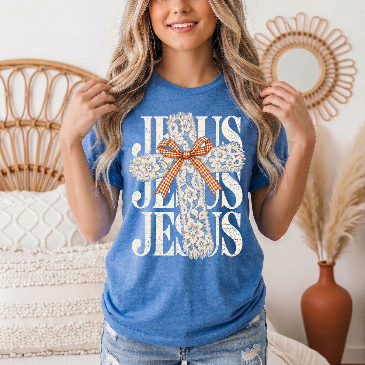 Jesus Lace Cross & Gingham Bow Christian Graphic Tee