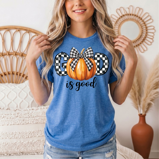 God Is Good Pumpkin & Gingham Bow Graphic Tee