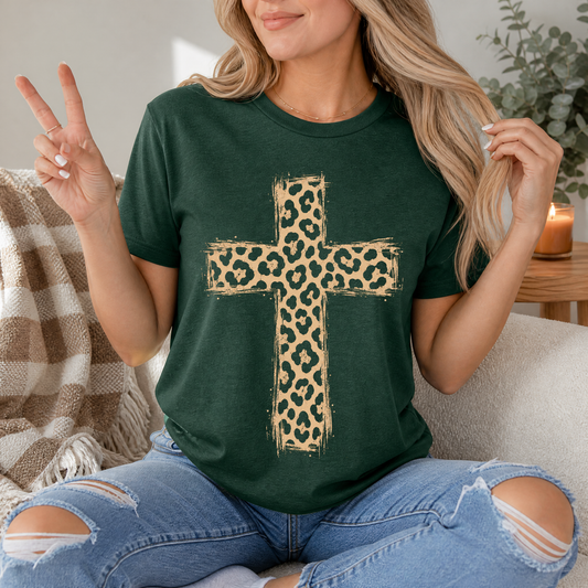 Leopard Print Cross Christian Graphic Tee