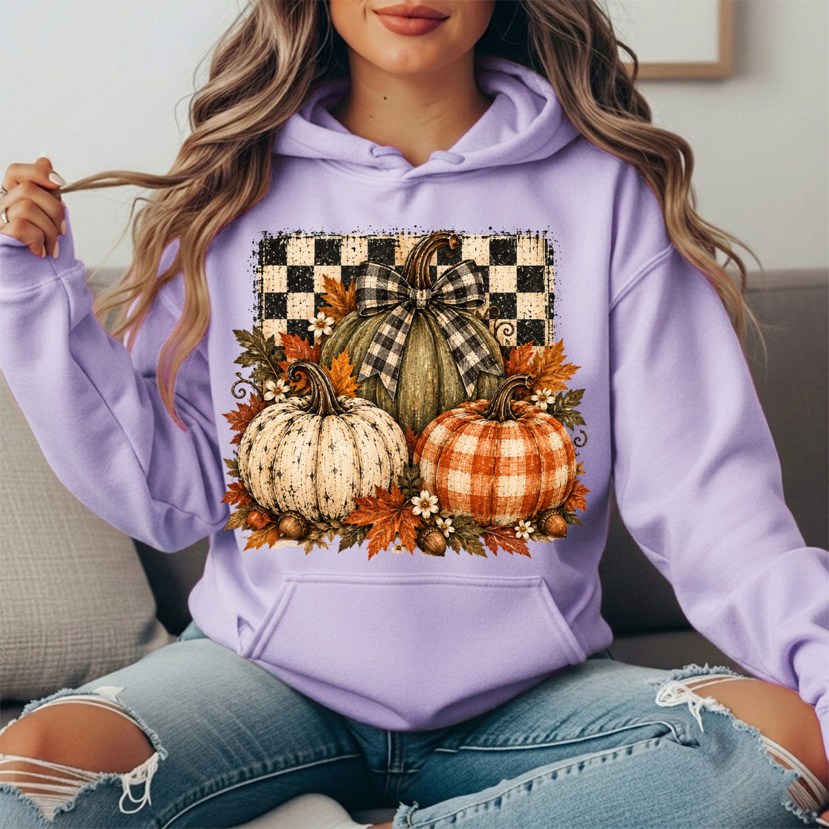 Rustic Fall Pumpkins Buffalo Check Bow Graphic Hoodie