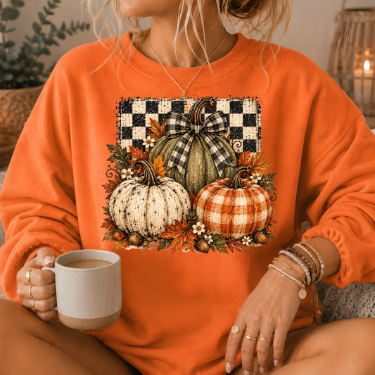 Pumpkin Plaid Bow Floral Crewneck Sweatshirt
